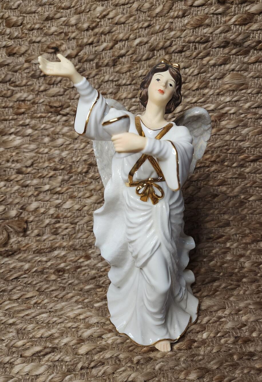 O'Well Angel Porcelain Figurine Iridescent Wings With Chalice Gold Trim 10”